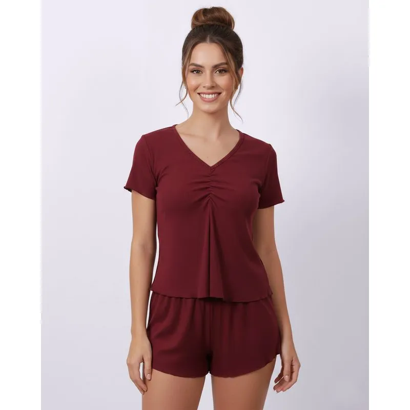 Pijama Feminino Curto Ribana Decote V Vinho M