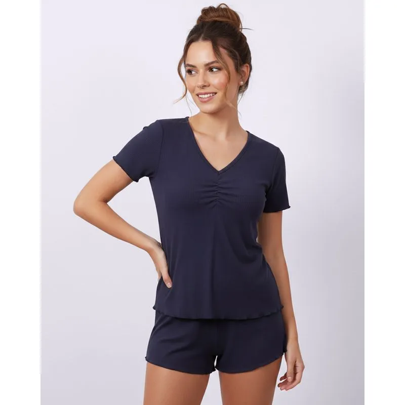 Pijama Feminino Curto Ribana Decote V Marinho P
