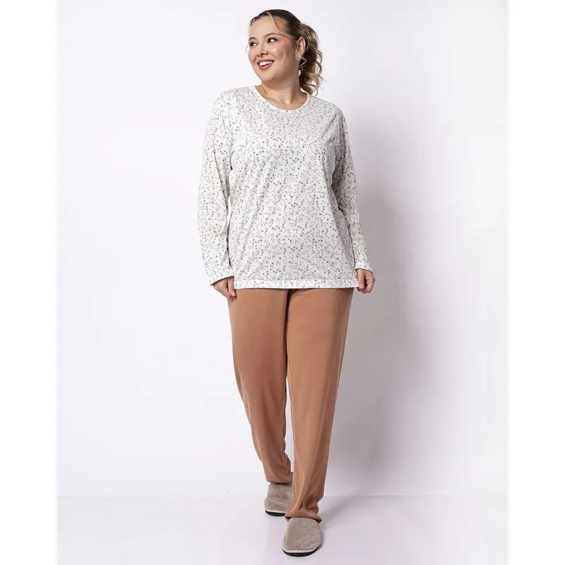 Pijama Plus Size Feminino Longo com Estampa Floral Off White 50