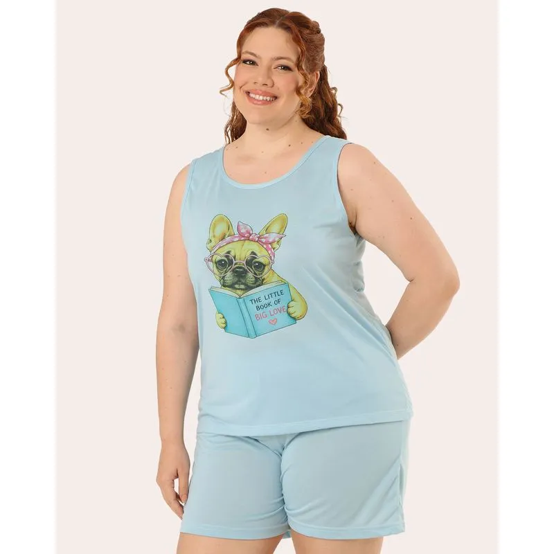 Pijama Curto Feminino Plus Size Estampa Cachorro Azul 58