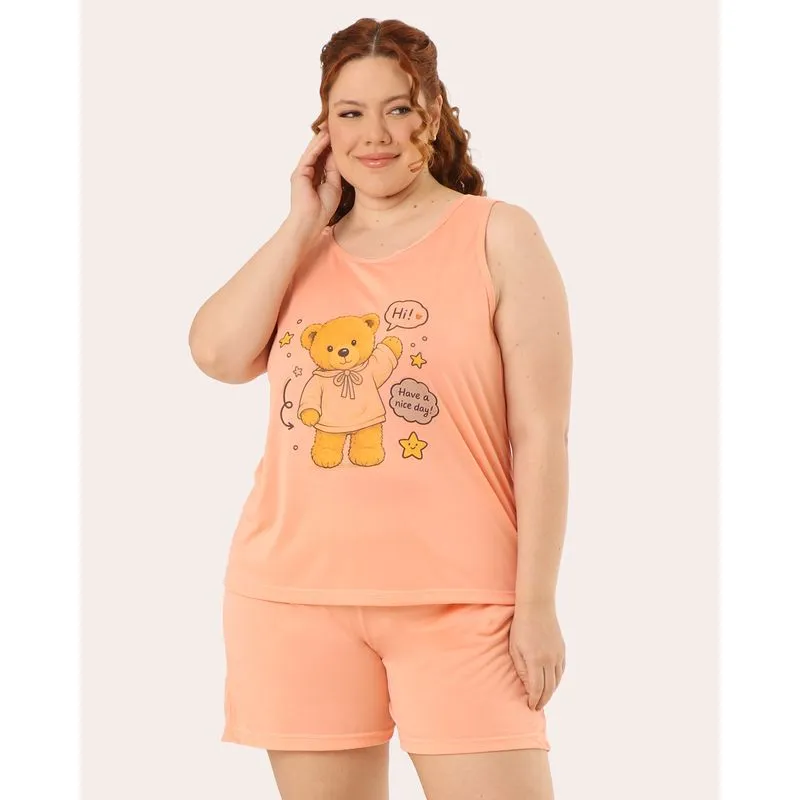 Pijama Feminino Curto Regata Plus Size Ursinho Laranja 54