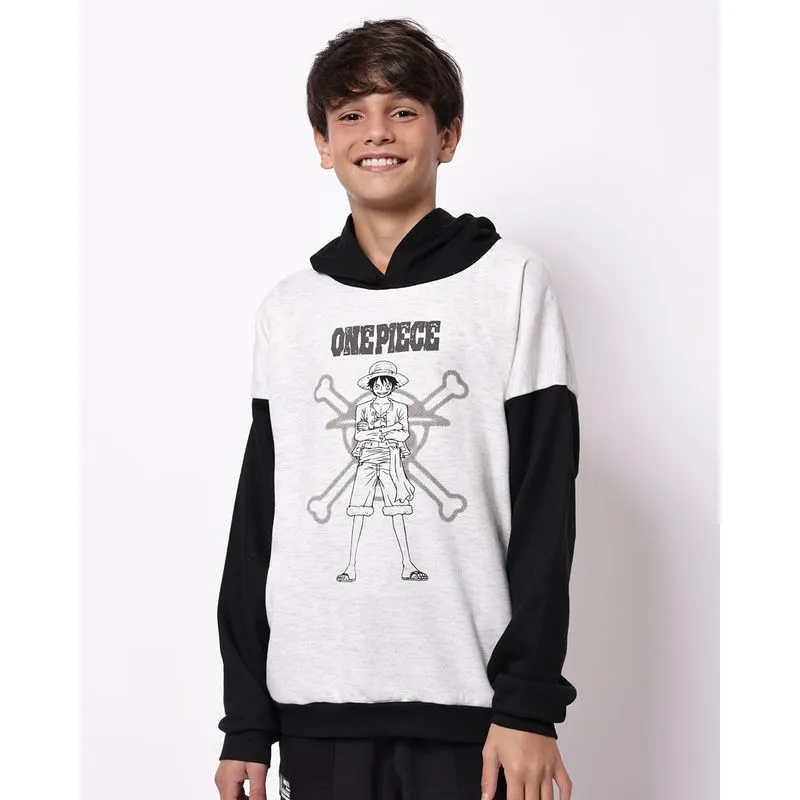 Blusão Moletom Juvenil Bicolor One Piece com Capuz Cinza 16