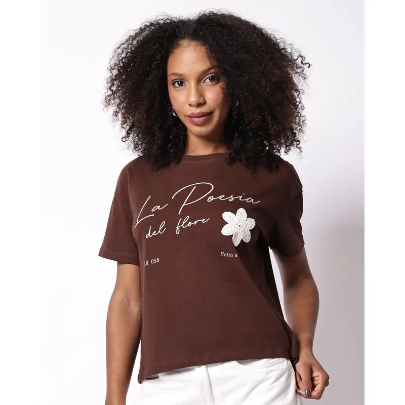 Camiseta Feminina Algodão com Bordado Manga Curta Marrom P