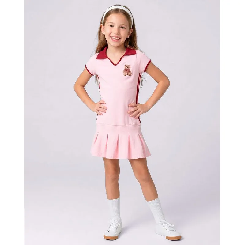 Vestido Infantil Gola Polo com Listras Urso Rosa 10