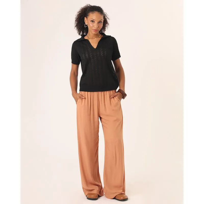 Calça Feminina Pantalona Reta com Bolsos Bege M