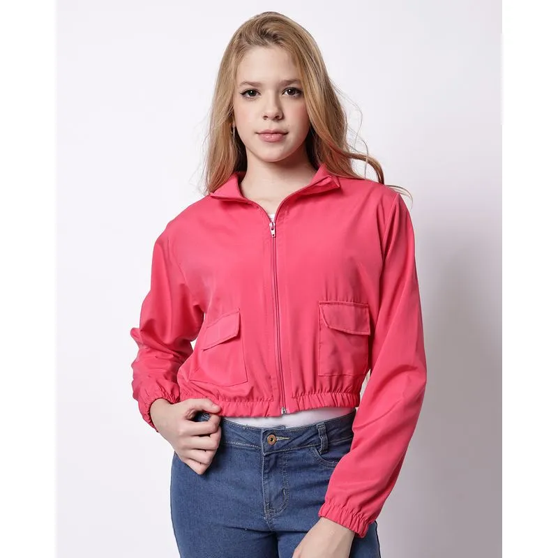 Jaqueta Juvenil Cropped Microfibra com Bolsos Rosa 16