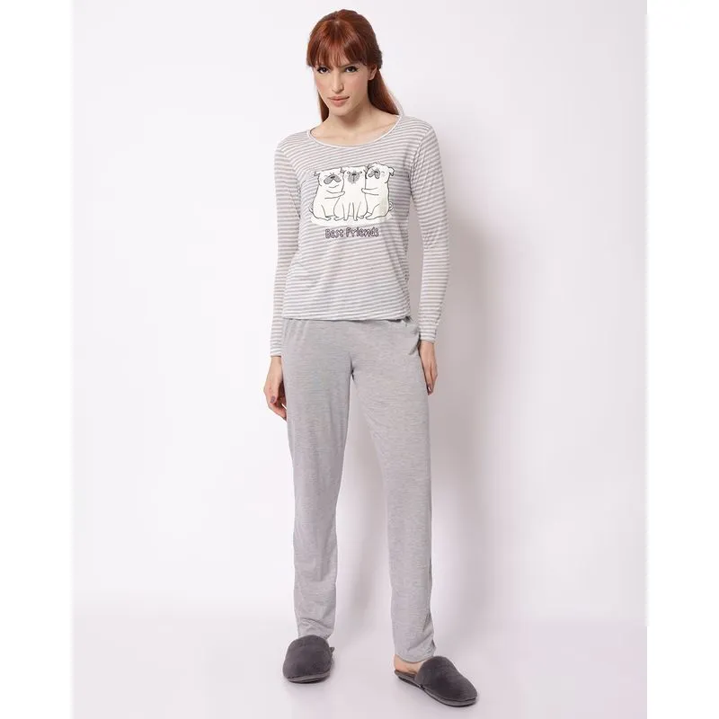 Pijama Feminino Longo Listrado com Estampa Cachorros Cinza M