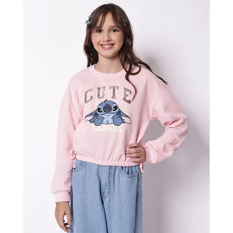 Blusão Moletom Juvenil Cropped com Laços Stitch Rosa 10