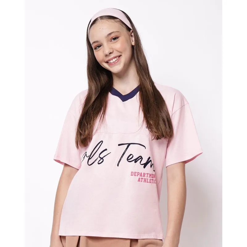 Camiseta Juvenil Algodão Oversized Estampa Frontal Rosa 14