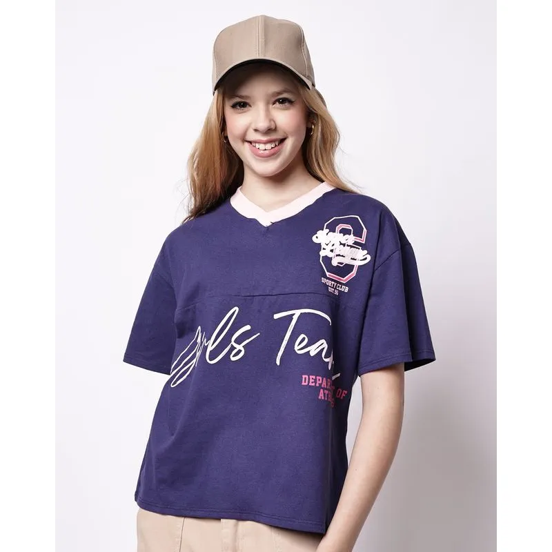 Camiseta Juvenil Algodão Oversized Estampa Frontal Marinho 12
