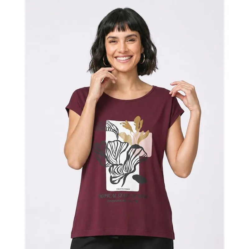 Blusa Feminina Manga Curta Estampada Vinho GG