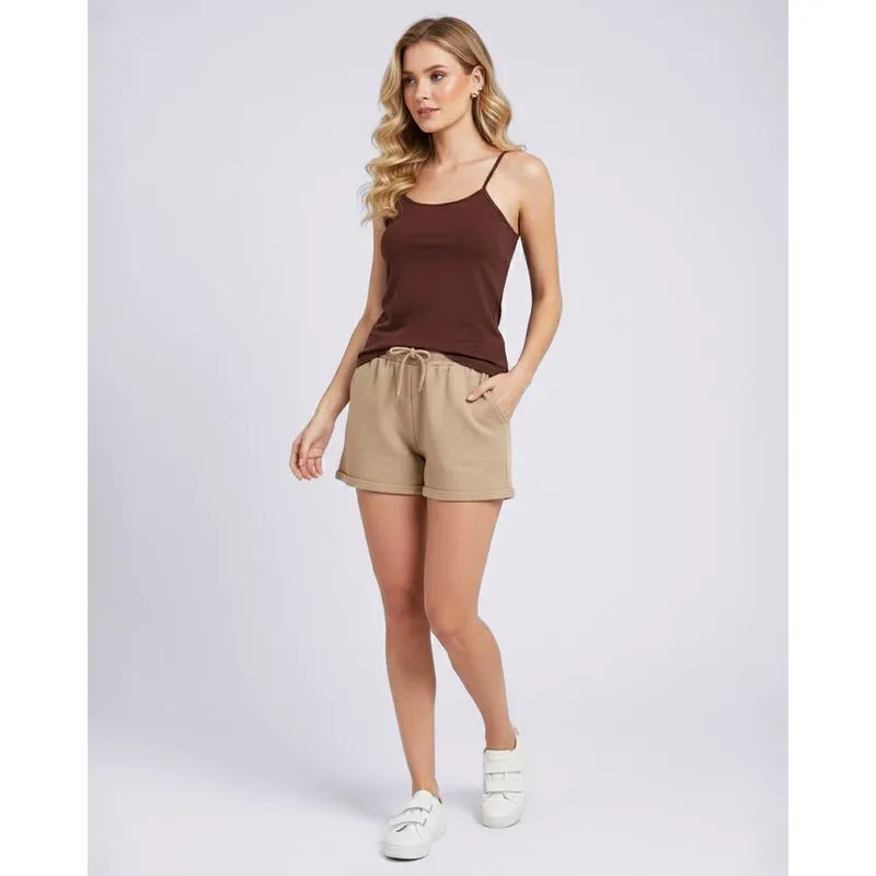 Short Feminino Moletinho com Barra Dobrada Bege G