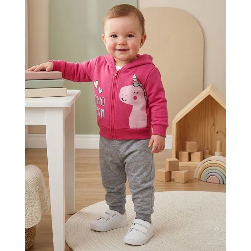 Conjunto Moletom Bebê com Capuz Dino Unicórnio Rosa M