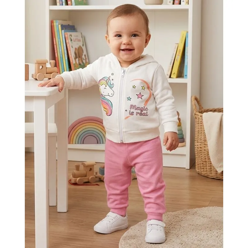Conjunto Moletom Bebê com Capuz Estampa Unicórnio Off White P