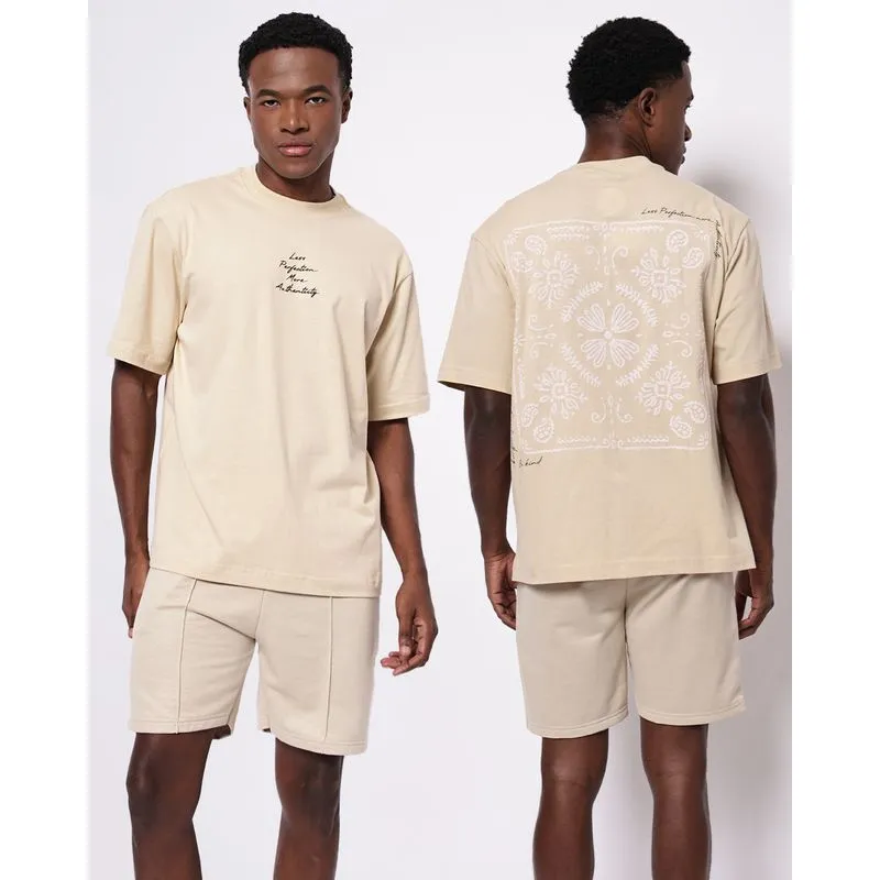 Camiseta Masculina Algodão Estampa Frente Costas Bege XG