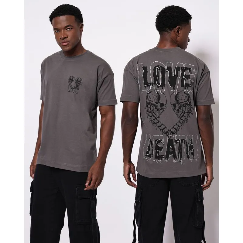 Camiseta Masculina Algodão Estampa Love Death Frente e Costas Cinza GG