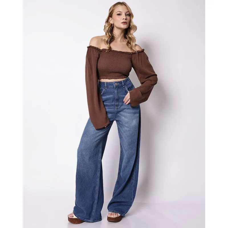 Calça Jeans Feminina Super Wide Leg Azul 42