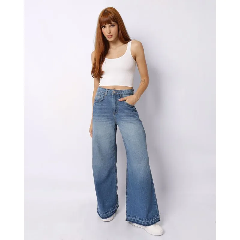 Calça Jeans Feminina Wide Leg Barra Desfiada Azul 40