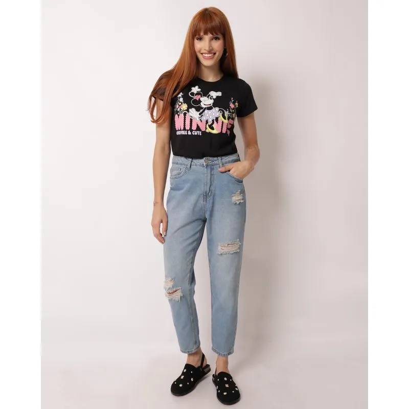 Calça Jeans Feminina Mom Destroyed com Bolsos Azul 42