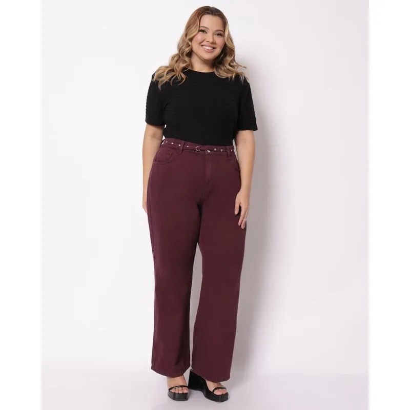 Calça Sarja Plus Size Feminina com Cinto Taxas Vinho 42
