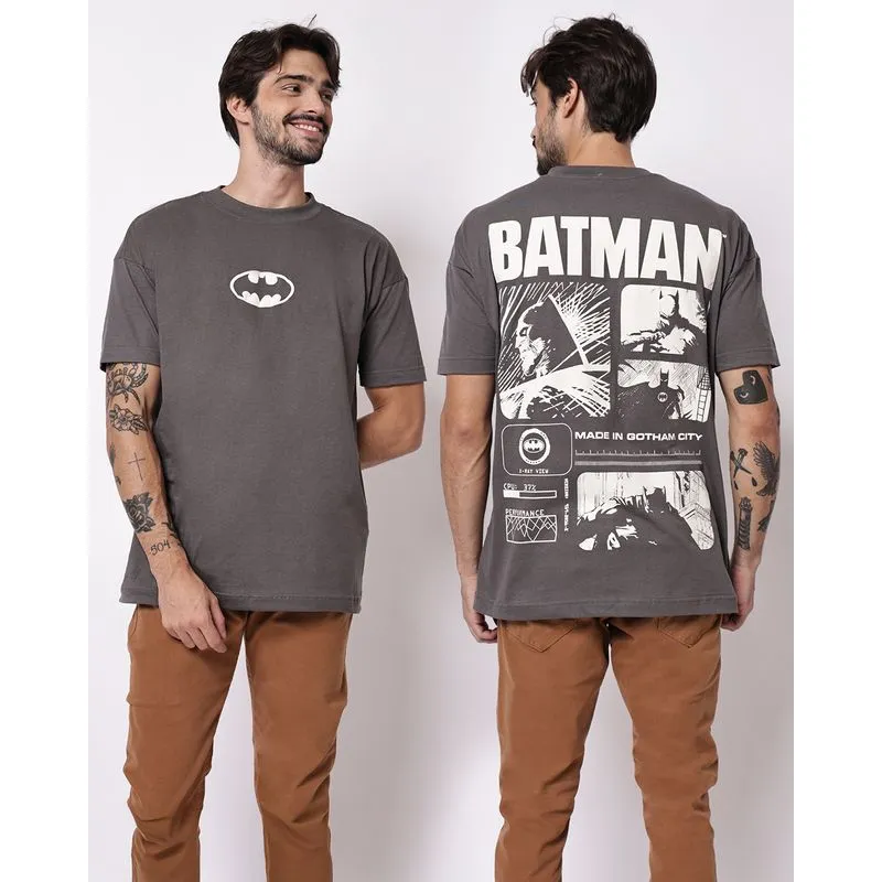 Camiseta Masculina Batman Estampa Frente Costas Cinza M
