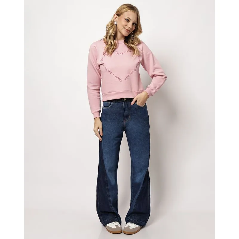 Calça Jeans Feminina Wide Leg com Recortes Bicolor Azul 42