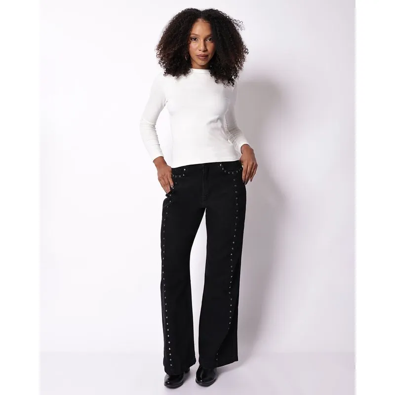 Calça Jeans Feminina Vizzy Wide Leg com Tachas Bolsos Preta 38