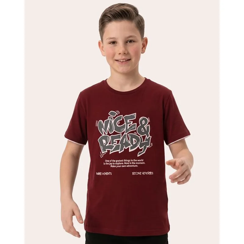 Camiseta Juvenil Algodão com Estampa Manga Curta Vinho 12