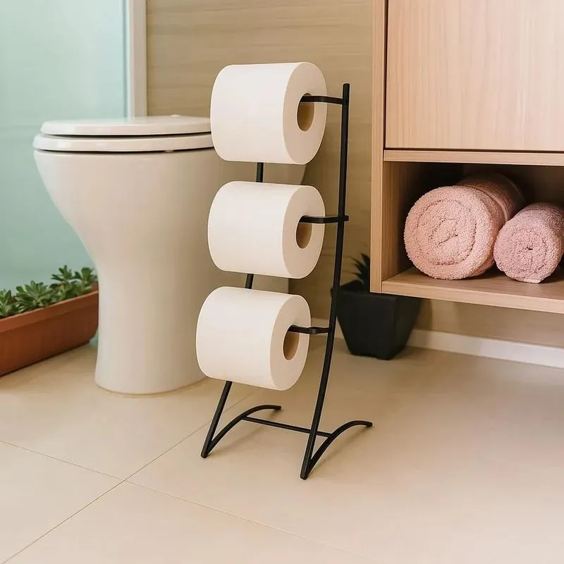 Porta Papel Higiênico De Chão 3 Rolos Piatina P Preto