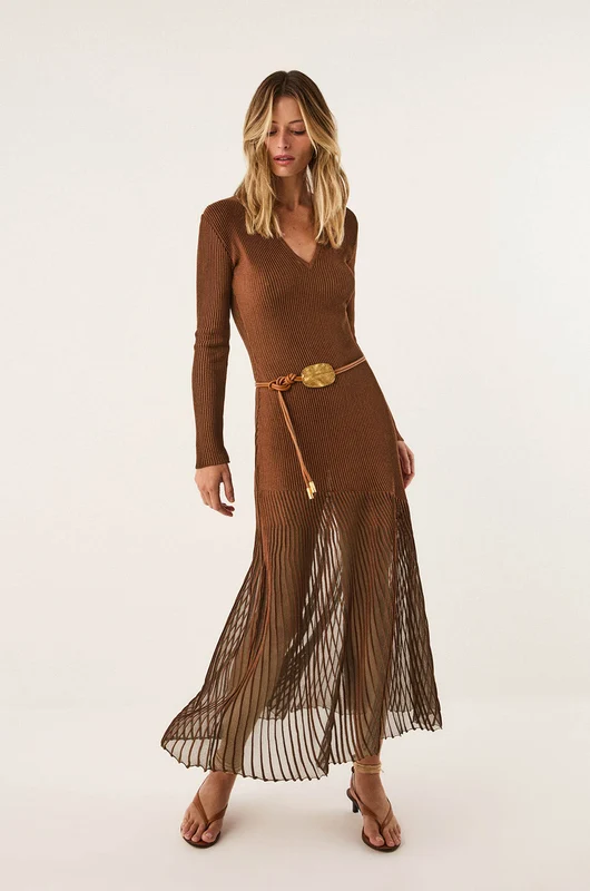 Vestido Longo Alba Tricot Camel Marrom / G