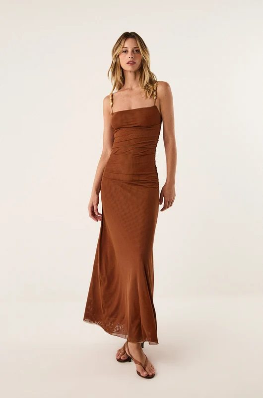 Vestido Longo Rumi Detalhe Camel Marrom / G
