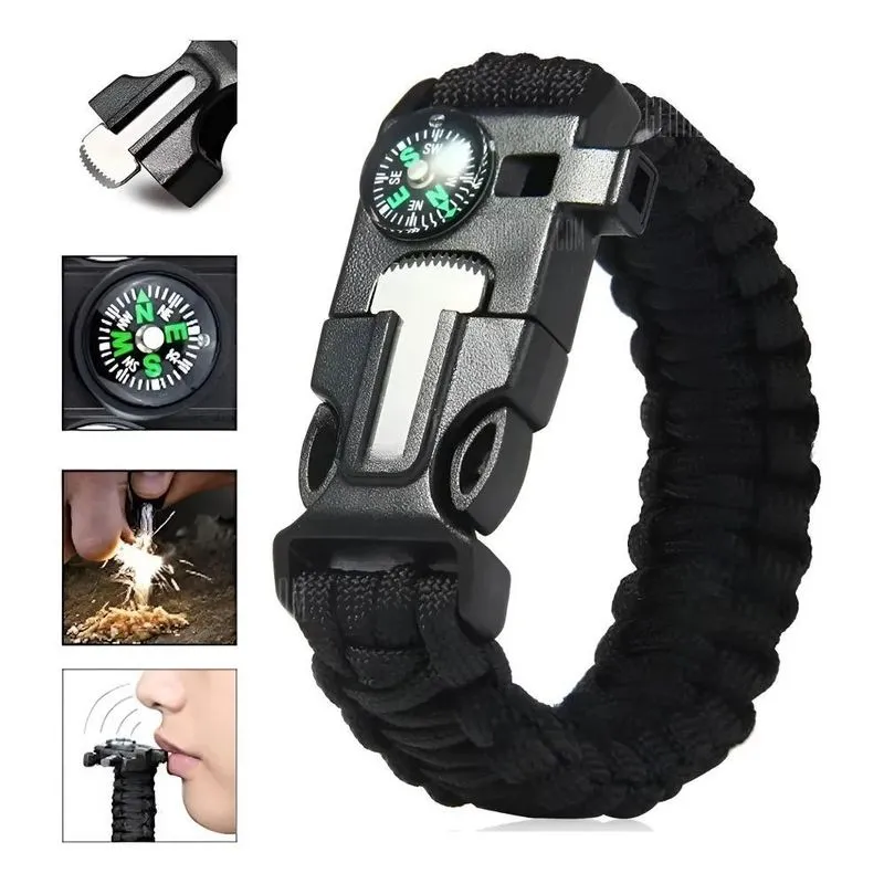 Pulseira De Sobrevivência Paracord Bússola Apito Pederneira