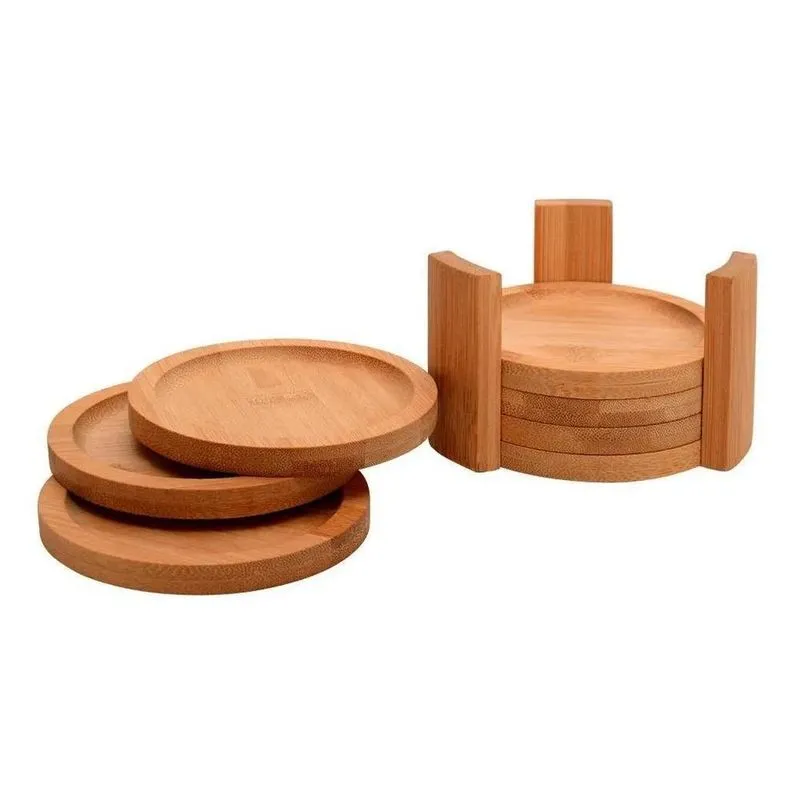 2x Jogo Porta Copos Redondo Bambu 6 Peças E Suporte Mimo Sty