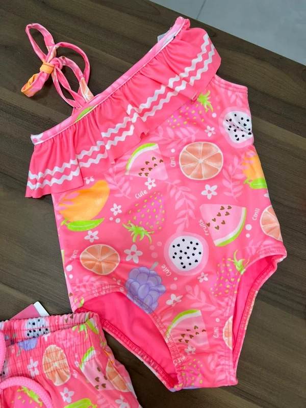 MAIÔ ALÇA BABADO AMARRAÇÃO FRUTAS PROTEÇÃO UV50+ MENINA CINTI ROSA NEON / 14