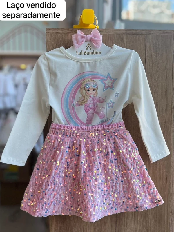 CONJUNTO BLUSA MANGA LONGA SKY NA LUA ESTRELAS E SAIA MENINA CINTI OFF/ROSA / 10