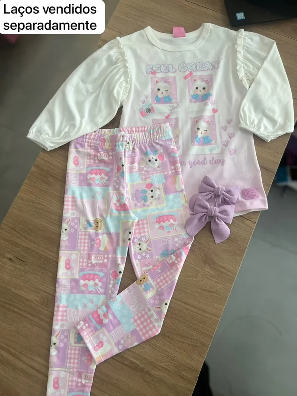 CONJUNTO BLUSA MANGA LONGA STRASS GATINHA E CALÇA LEGGING MENINA CINTI OFF/LILÁS / 6