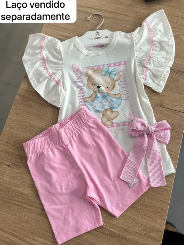 CONJUNTO BLUSA MANGA CURTA URSO STRASS HAPPY E SHORT CICLISTA MENINA CINTI OFF/ROSA / 14