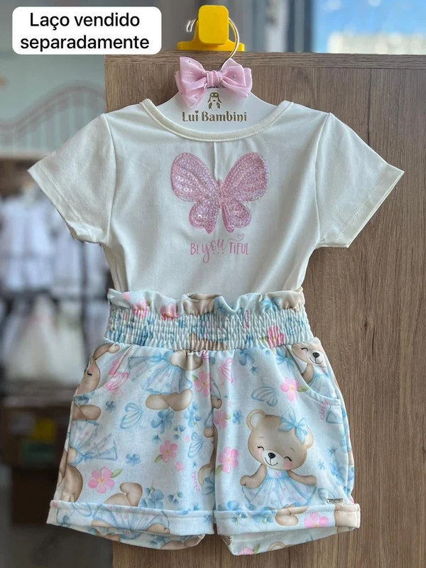 CONJUNTO BLUSA MANGA CURTA BORBOLETA PAETES E SHORT URSO MENINA CINTI OFF / 14