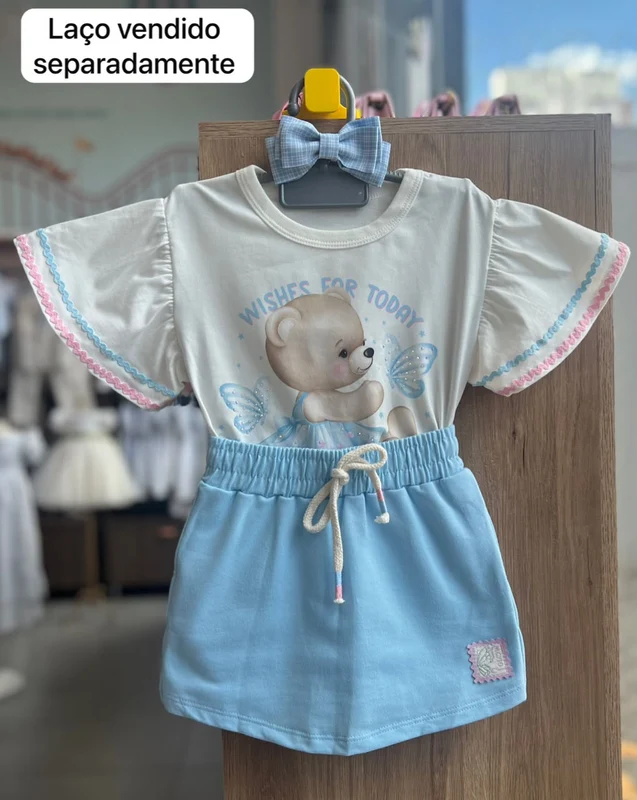CONJUNTO BLUSA MANGA CURTA BABADO URSO BORBOLETA STRASS HAPPINES E SAIA MENINA CINTI OFF/AZUL / 10