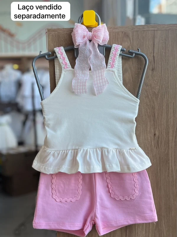 CONJUNTO BLUSA ALÇA ELÁSTICO BABADO E SHORT MENINA CINTI OFF/ROSA / 6