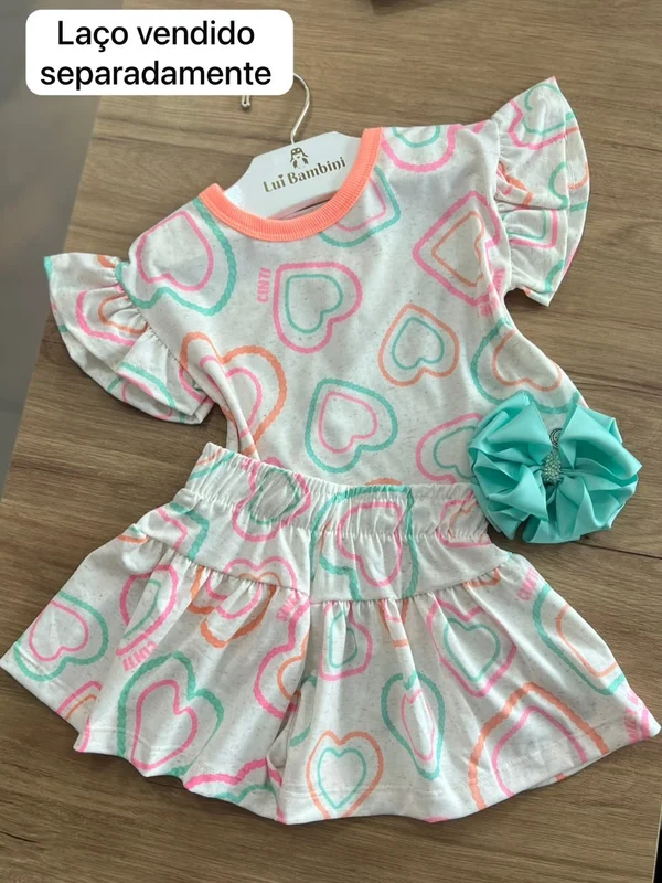 CONJUNTO BLUSA MANGA CURTA CORAÇÃO BABADO E SHORT MENINA CINTI OFF/AREIA / 8