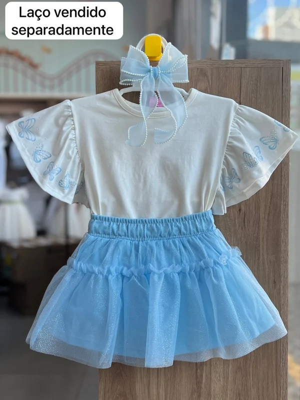 CONJUNTO BLUSA MANGA CURTA BABADO BORBOLETA STRASS E SAIA TULE GLITTR MENINA CINTI OFF/AZUL / 8