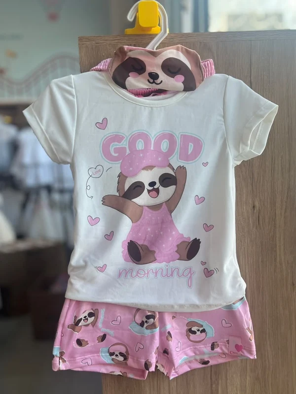 CONJUNTO PIJAMA BLUSA MANGA CURTA GOOD MORNING BICHO PREGUIÇA E SHORT MENINA CINTI OFF/ROSA / 12