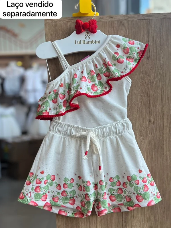 CONJUNTO BLUSA ALÇA BABADO STRASS MORANGO E SHORT MENINA CINTI AREIA/VERMELHO / 2