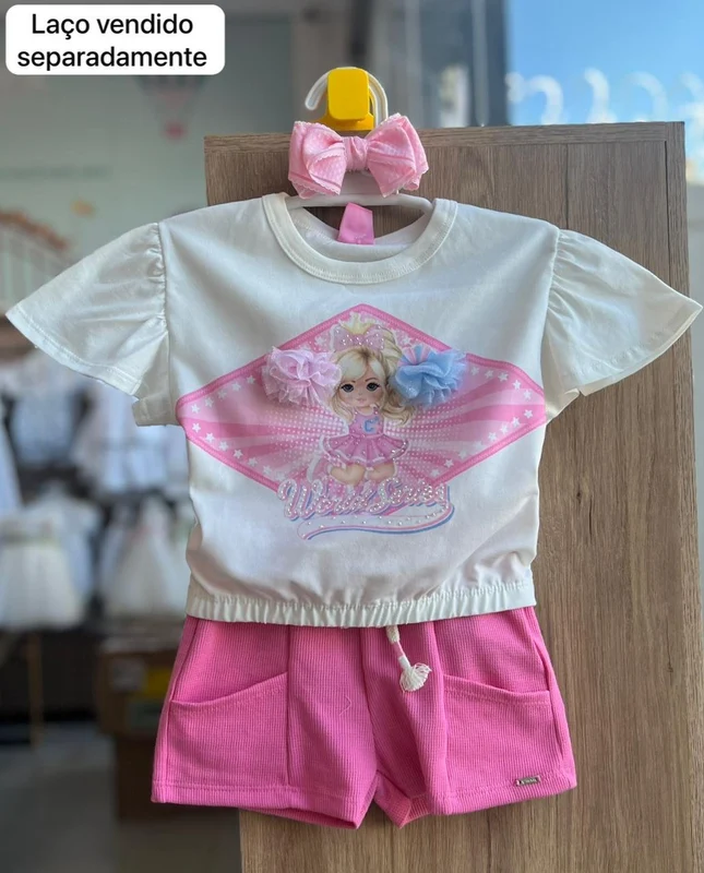 CONJUNTO BLUSA MANGA CURTA LIDER DE TORCIDA STRASS POM POM TULE E SHORT MENINA CINTI OFF/ROSA / 2