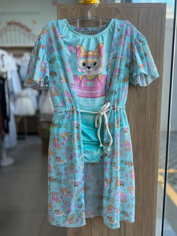 CONJUNTO MAIÔ REGATA CACHORRO MERGULHADOR E SAIA DE PRAIA TELA DOGS PROTEÇÃO UV50+ MENINA CINTI VERDE AGUA / 10