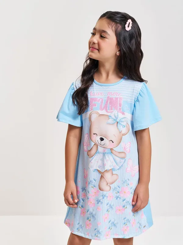 Vestido Infantil em Cotton com Estampa de Ursinha Cinti