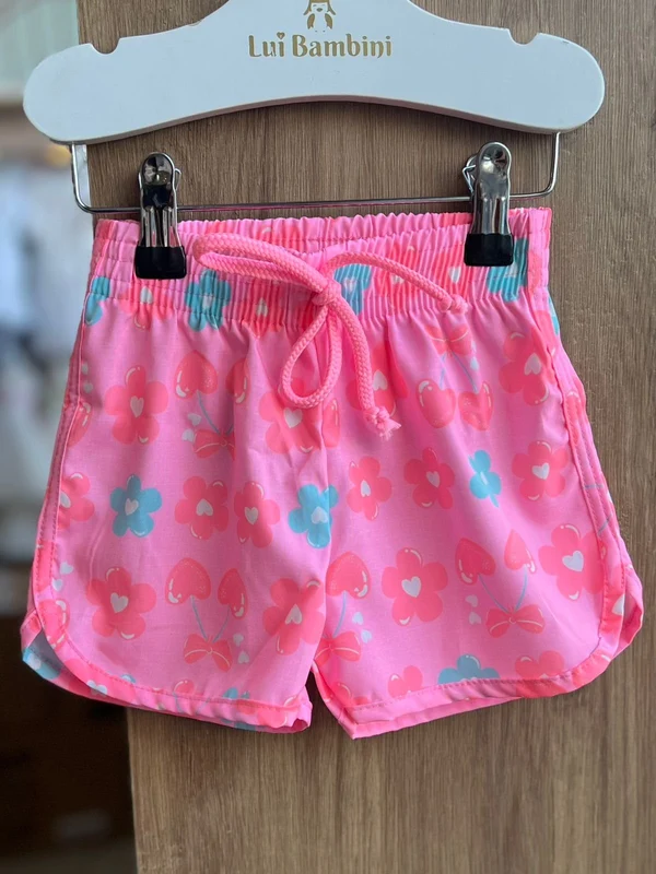 SHORT PRAIA NYLON CORDÃO ELÁSTICO CÓS FLORES CORAÇÕES MENINA CINTI ROSA NEON / 8