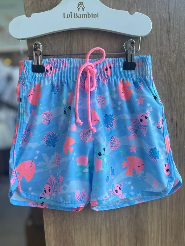 SHORT PRAIA NYLON CORDÃO ELÁSTICO CÓS FUNDO DO MAR CONCHA PEIXES MENINA CINTI AZUL / 4