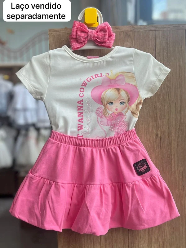 CONJUNTO BLUSA MANGA CURTA BOIADEIRA STRASS COW E SAIA MENINA CINTI OFF/ROSA / 3